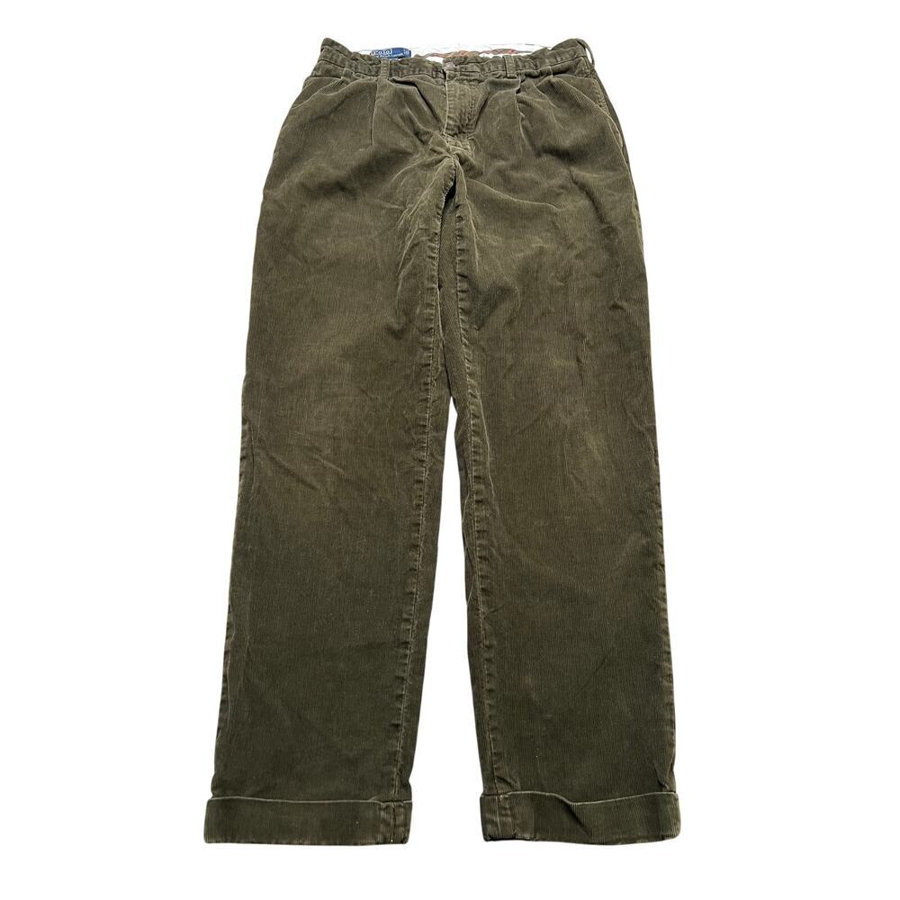 Vintage Polo Ralph Lauren HammonvCorduroy Pants Green Brown Pleated Cuffed 34/32
